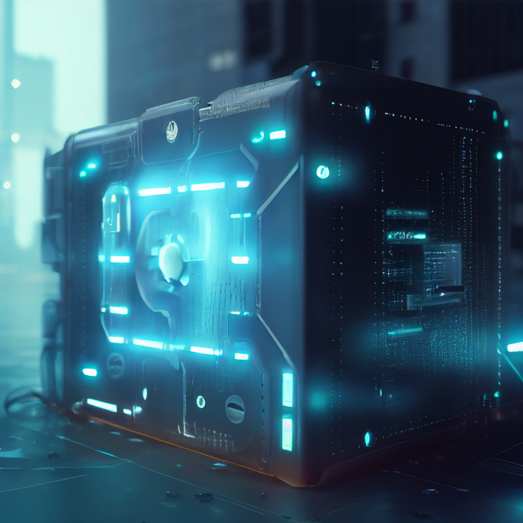 Cyberpunk stylized imaginary compute type box with kind of fan and blue lights, dark themed