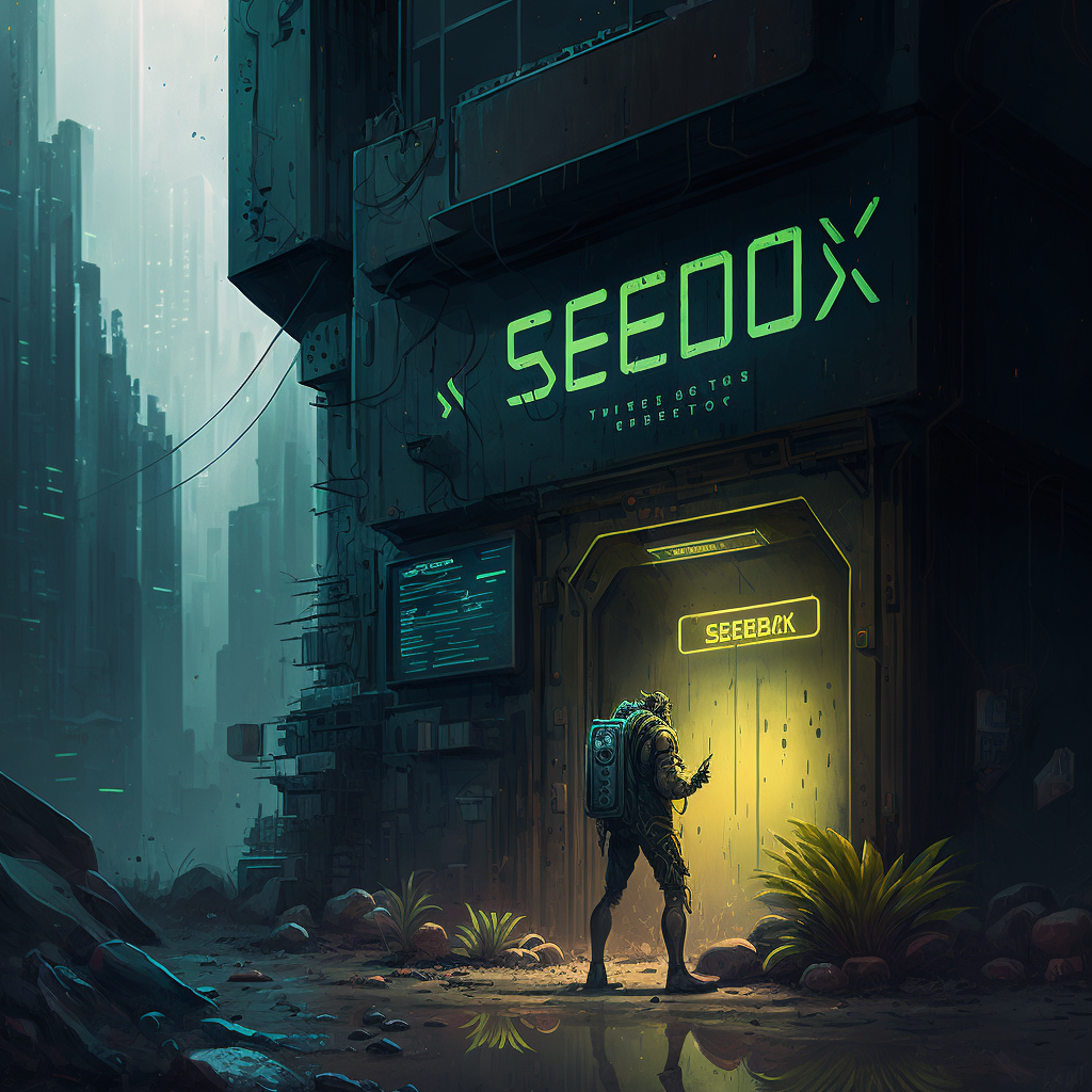 Artistic illustration of man at entrance of a building, as if seedboxes were physical buildins