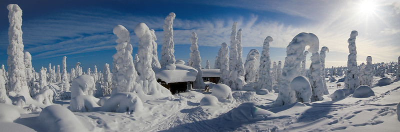 Panorama photo of snowy cabins at Riisitunturi, Finland