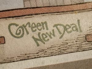 Photo of political cartoon tiny segment containing words green new deal