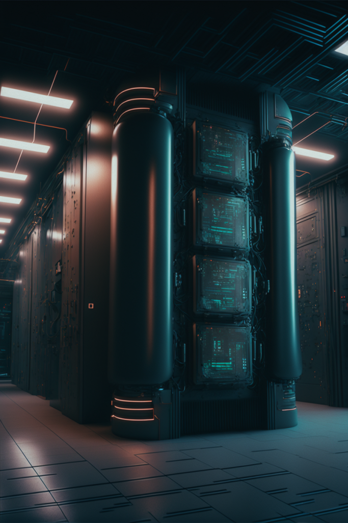 Datacenter row of racks artwork, stylized dark