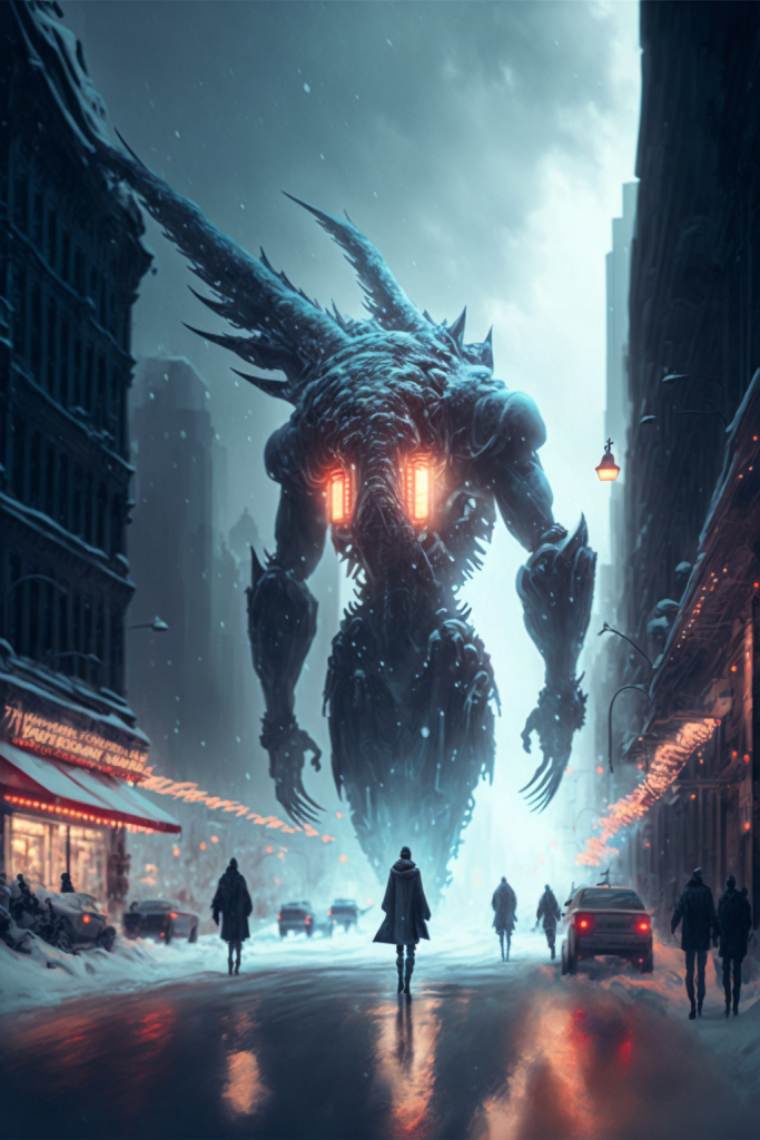 Artistic Dragon like giant character standing in snowy dark city