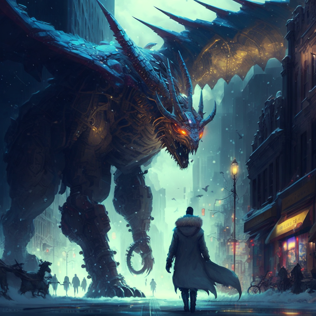 Dragon standing in snowy city