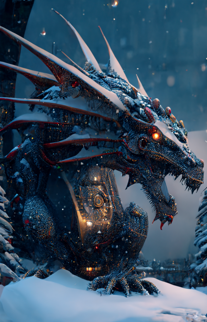 Artistic dragon standing in snow with glowing eyes