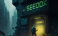 Artistic illustration of man at entrance of a building, as if seedboxes were physical buildins