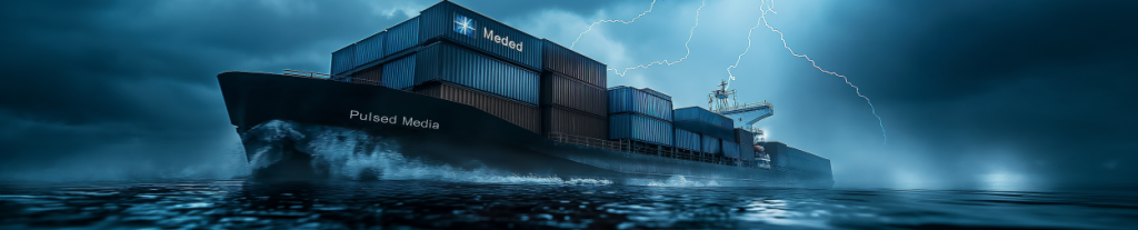 Illustration of a container ship in stormy seas, lightning